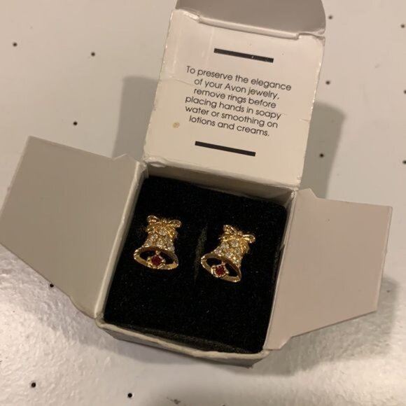 Vintage Avon Bell Seasons Greetings Earrings Pierced Studs Sparkly 1994 - Picture 3 of 6